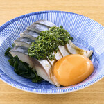 Shime mackerel with leek soy sauce