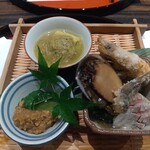 割烹 清風 - 八寸：とこぶし、稚鮎、甘エビ、鯵・茄子の山椒ソース・キュウリの鶏そぼろ味噌
