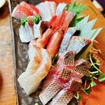 魚酒場 二つめ - お刺身盛り合わせ（２人前）(九絵、甘えび、鯵、縞鯵、かんぱち、すずき、金目鯛)