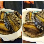 灼味噌らーめん 八堂八 - 活アワビ刺し 1200円、ザルの中でアワビが動いてますw(°ｏ°)w