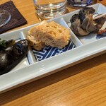 新富寿司 - 先付け(水なす､玉子焼き､つぶ貝)