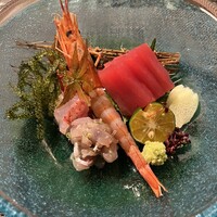 百名伽藍 -  鯵のタタキ、赤海老、赤マチ、妻一式