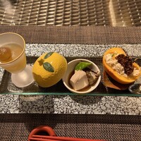 百名伽藍 - 巨峰とラ・フランスのコンポート、海老芋含め煮、秋刀魚生姜煮、菱蟹と柿の白和え