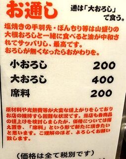 h Toriyasu - お通しの他に「席料」（220円）も発生する。