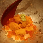 鮨 しみづ - 雲丹と生いくらの小丼アップ