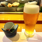 すし割烹 小笠原 - サントリープレモルの生ビールとお通しで乾杯♪(*^^)o∀*∀o(^^*)♪