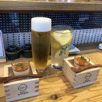 博多天ぷら ながおか - お通し＆ビール＆ながおかのレモンサワー