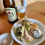 お蕎麦 結 - 野菜天　夏野菜バージョンで茗荷、ピーマン、紫玉葱に