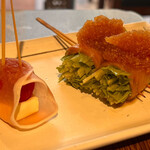 Kushi Ikka - クリームチーズの生ハム巻き、サーモンと水菜のみぞれ醤油
