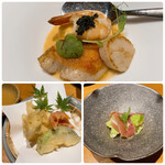厨房 大 - 甘鯛のムースと金目鯛のポワレ・白舞茸の天ぷら・桃と生ハムのサラダ