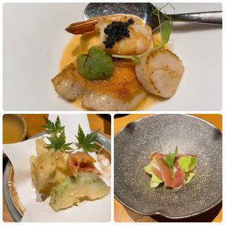 Chuubou Dai - 甘鯛のムースと金目鯛のポワレ・白舞茸の天ぷら・桃と生ハムのサラダ
