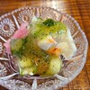 나가세 - ①夏野菜(オクラ、胡瓜、長芋、人参、海老)の更紗寄せ、胡瓜の緑酢掛け