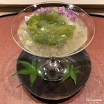 御料理 寺沢 - 蛸と山芋の微塵切りに青梅と花穂紫蘇の三杯酢のジュレがけ