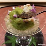御料理 寺沢 - 蛸と山芋の微塵切りに青梅と花穂紫蘇の三杯酢のジュレがけ