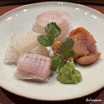 御料理 寺沢 - 星鰈､星鰈の縁側､白烏賊の炙り､閖上産の赤貝の盛込み