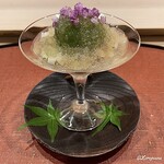 御料理 寺沢 - 蛸と山芋の微塵切りに青梅と花穂紫蘇の三杯酢のジュレがけ