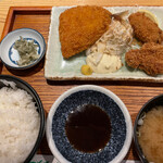 四十八漁場 - ミックスフライ定食　あじ、かき、とり