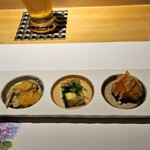 Gotanda Sushi Matsumoto - 【前菜5点】
                        ・湯葉豆腐とオクラ
                        ・つぶ貝の数の子と雲丹の真砂和え
                        ・海老と季節野菜寄せ
                        ・鱧の南蛮漬け
                        ・マスカルポーネチーズと酒盗