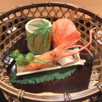 壽山 - 2013/08　アスパラ胡麻和え　鮑煮　川海老素揚げ　新銀杏　ゆり根茶巾大徳寺納豆