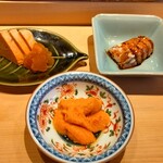 すしやのたい悟 - ６・珍味３品、利尻産塩水雲丹、鮟鱇肝、蝦蛄
