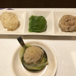 健康中華 青蓮 - 3．点心4種（蟹味噌小籠包、豆腐焼売、翡翠貝柱蒸し餃子、豚肉焼売）