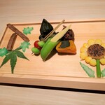 Nihon Ryouri Tsumugu - 前菜・茶せん茄子　・絹かつぎ　・南瓜　・とうもろこし見立て　・マイクロトマトと枝豆の串打ち