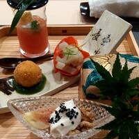よし澤 - 八寸（トマトすり流し、南瓜揚げ、鱧と蓮根の揚げびたし、鰺なめろう、無花果・胡桃・豆腐）