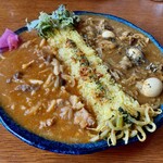 Satya - 牛すじときのこのカレーうずら卵とビーフのカレー　　あいがけ1,100円