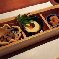 寿司 なかご 別邸 - 前菜（なめろう・冷製茶碗蒸し・とうもろこしかき揚げ）