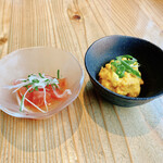 Itasoba Kaoriya - トマトと出汁の冷製スープ、かぼちゃとポテトのサラダ