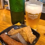 角打福本屋 - おでん(各々税込130円)①大根②蒟蒻③牛蒡天
            お酒①ハートランド(瓶ビール、麒麟ビール)(税込580円)
            広島駅近くでこのお値段は有り難い