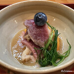 Kouraibashi Ouka - ブルーベリーと河内鴨のロースと杏子とオカヒジキを白桃ソース
