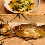 緒方 - ⑦炭火焼き鮎(島根県高津川産)、胡瓜ポン酢
      美加登家さん(息子さんが緒方さんで修行中)から送られて来た選りすぐりの鮎の内臓を抜いて鮎魚醤を塗って炭火焼きしてあり、香りと旨みか際立っています