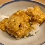 緒方 - ⑫鱧(兵庫県沼島産)天麩羅の玉子とじ丼
      鱧天麩羅なので油の旨みが加わり、玉子のコクも追加され、鱧の出汁しゃぶとはまた趣きが異なります