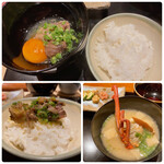 味あら井 - 牛テール卵黄添え&ご飯、伊勢海老味噌汁と漬物盛り合わせ