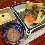 Ryoutei Hamanoya - 白魚唐辛子和え,玉蜀黍豆腐,鰊蒲焼き,車麩田楽,白海老唐揚げ,桜チーズ
