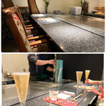 Kagurazaka Teppanyaki Himawari - シンプルで和モダンな店内は、カウンター席6席、
      テーブル席2つ、半個室1つ、全部で20席のみ。
      お席同士の間隔が広く、落ち着いていて
      どの席もゆっくり過ごせそう。
      さりげないピースと、チェイサー。