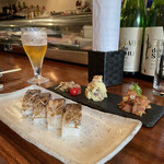 Saketosakanatoumaimon Wasshoi - おばんざい3種盛（鮪キムチ和え、ポテサラ、牛肉と玉葱の炒め）、鯖棒寿司