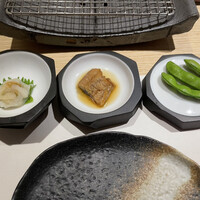 天㐂あらた - 前菜3品(枝豆、鰻、イカのこのわた和え)