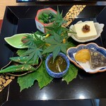 懐石 古都 - 前菜　八街おおまさり山椒味噌、生きくらげ天麩羅、隠元小松菜おかか生姜醤油、黄蕪天、佐渡天然もずく、じゃこ梅若摘み実山椒、小糸在来豆腐蕗味噌、菊池のおくら胡麻和え