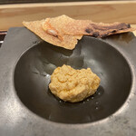 あま木 - あん肝　酢飯せんべい（たこ、桜海老）