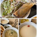 敦煌 - セットの春巻き&サラダ、スープ、杏仁豆腐