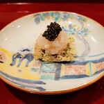 銀座 きた川 - 畳イワシ　帆立　燻製キャビア