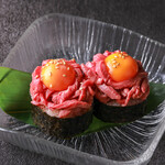 Limited edition gimbap (Korean style roll) topped with yukhoe