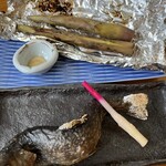 猿倉温泉 - 焼き根曲り筍と岩魚の塩焼き
