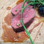 レヴォ - 〜日本鹿〜薪焼きした鹿肉、空芯菜、焼きナス、ジビエソース、ナス皮ペースト