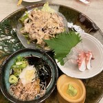 うどんとお酒 花鳥風月庵 - お造り＋揚げ出しナス＋冷しゃぶサラダ