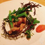 マンサルヴァ - アグロドルチェという甘酸っぱいソース。手前右手はトマトみたいに色の濃い有機人参のペーストが添えられています