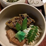 瓢亭 - 茄子の味噌田楽　湯葉　生麩
