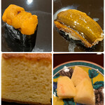 すし繁 - 昼のおまかせ８０００円。バフンウニ、穴子、玉子焼き、桃。穴子と玉子焼きが今回はとても良かったです（╹◡╹）（╹◡╹）